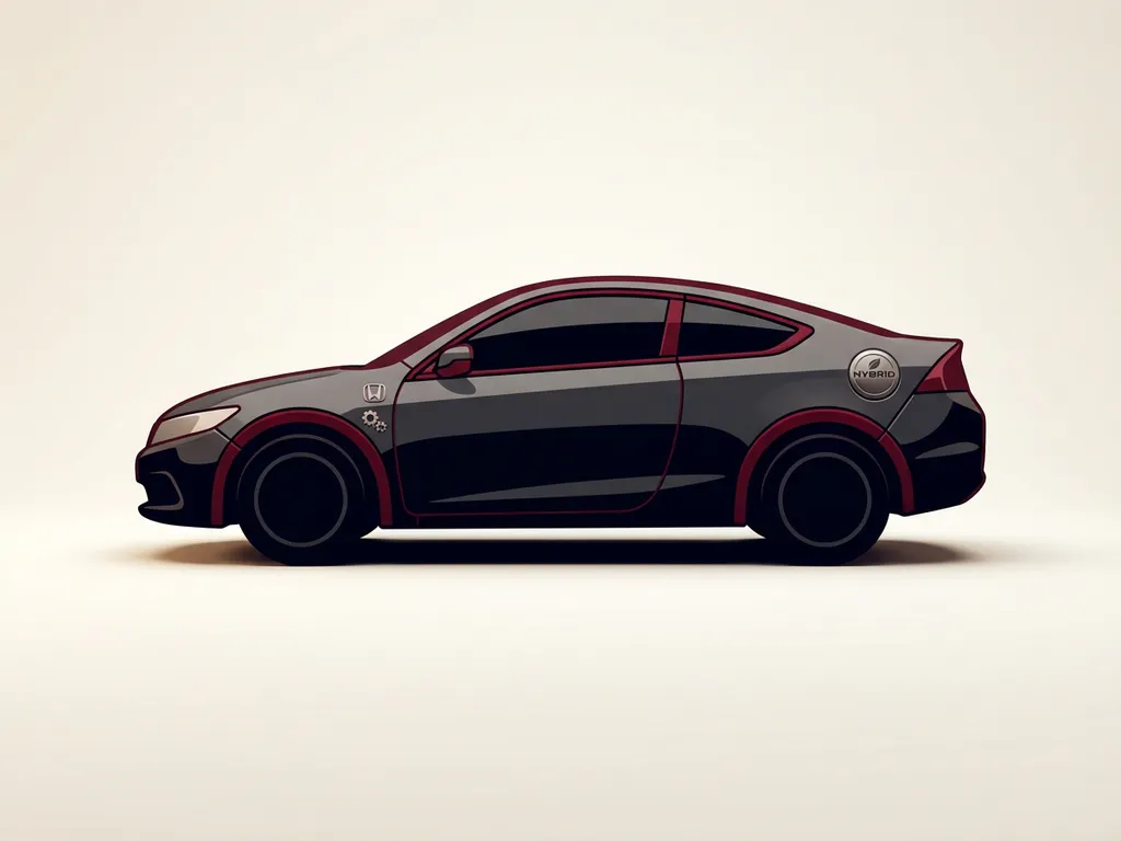 Minimalistisch Honda hybride auto-icoon in zijaanzicht, zwart met rode accenten, op crèmekleurige studio-ondergrond.
