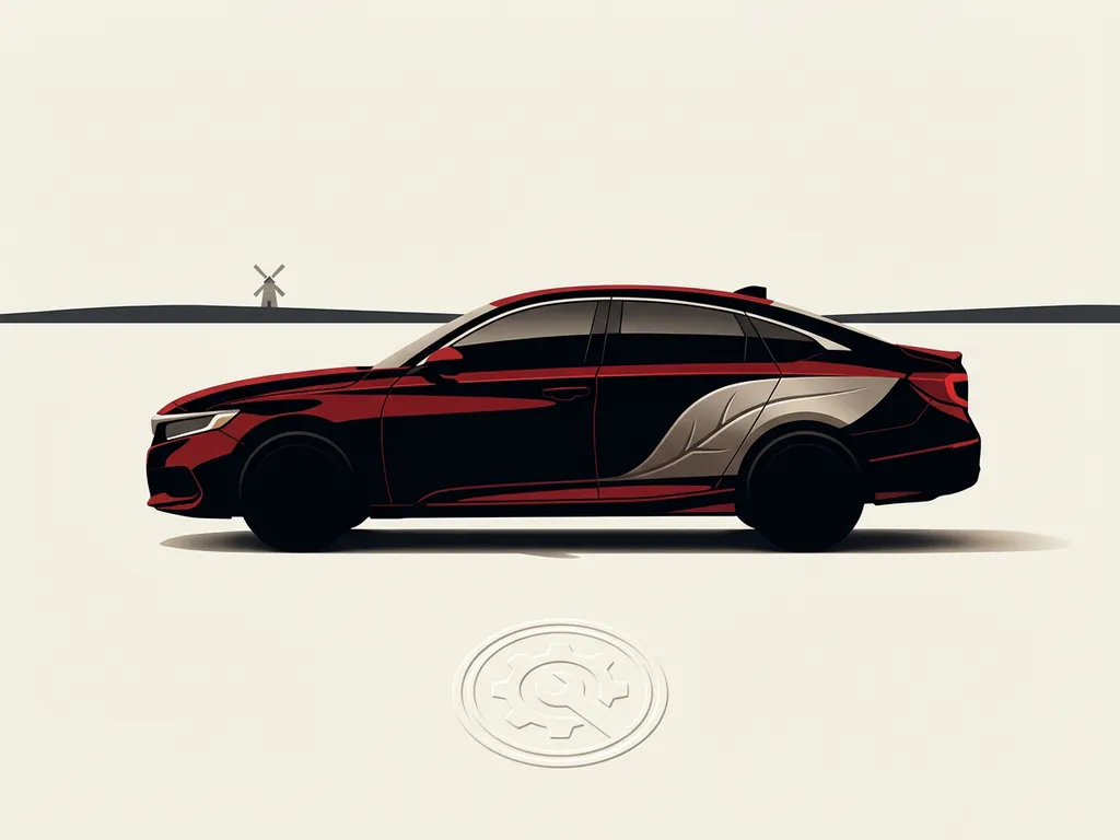 Zijaanzicht Honda hybride auto silhouet in zwart met rode accenten, blad-inlay badge, minimalistisch Limburgs landschap en windmolen