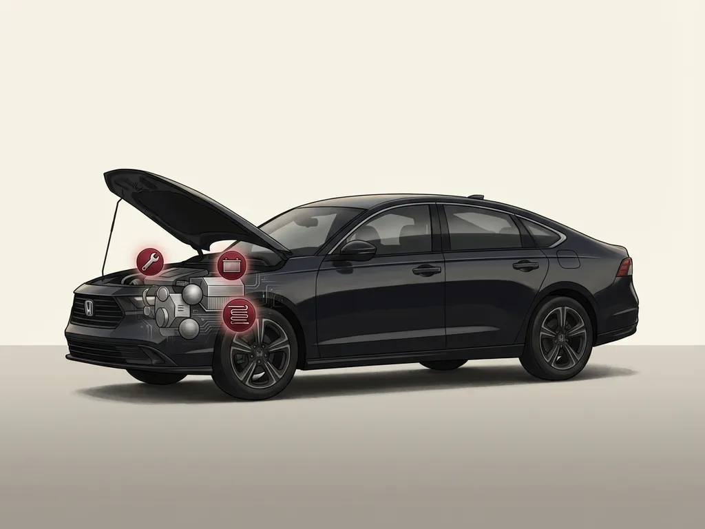 Honda hybride auto zijaanzicht, motorkap op met geometrische hybride kern en rode details, minimalistische illustratie op crème achtergrond