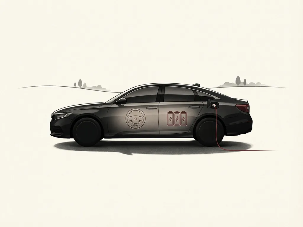 Honda hybride auto in zijaanzicht met rode laadkabel, minimalistische illustratie op crèmekleurige achtergrond met horizonlijn