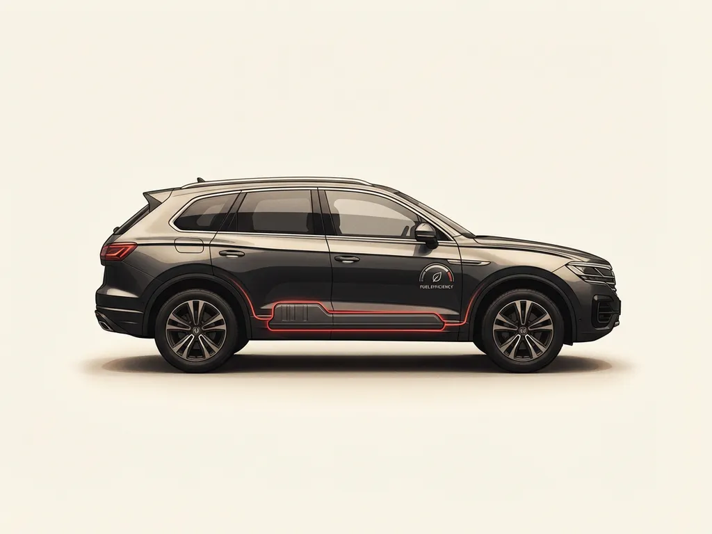 Honda hybride auto in zijaanzicht, minimalistische illustratie met rode accentrand en brandstofefficiëntiemeter op crème achtergrond