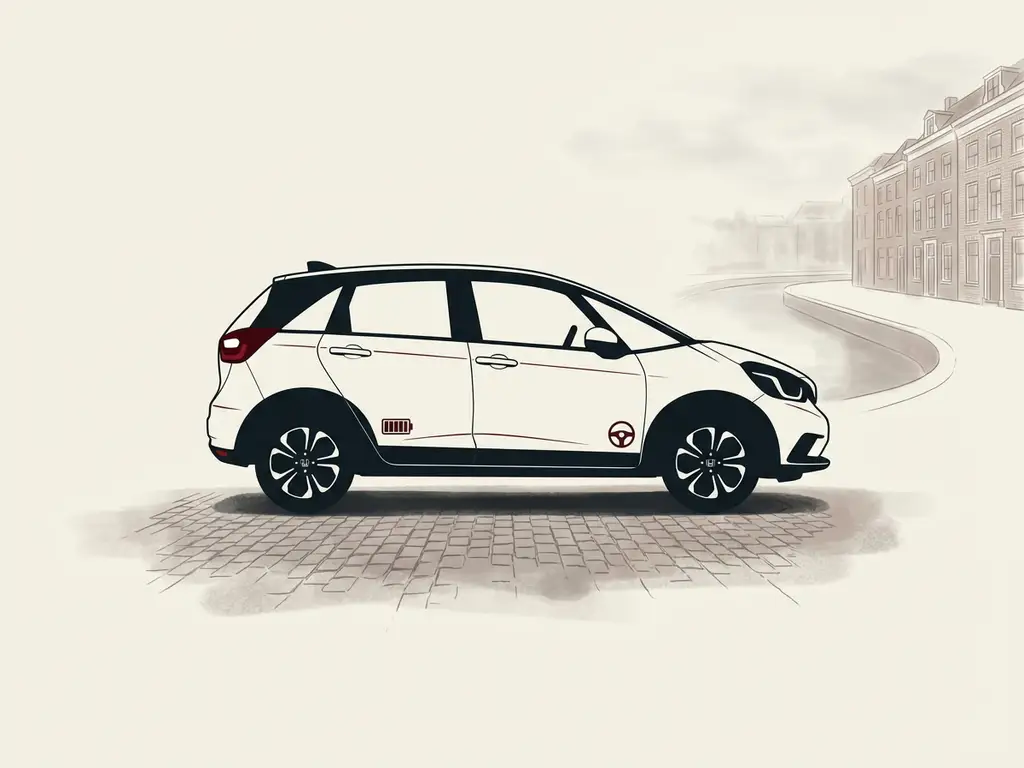 Honda Jazz e:HEV hybride in minimalistische zijaanzicht-silhouet op kasseien, met Bossche gevel en kanaal op achtergrond