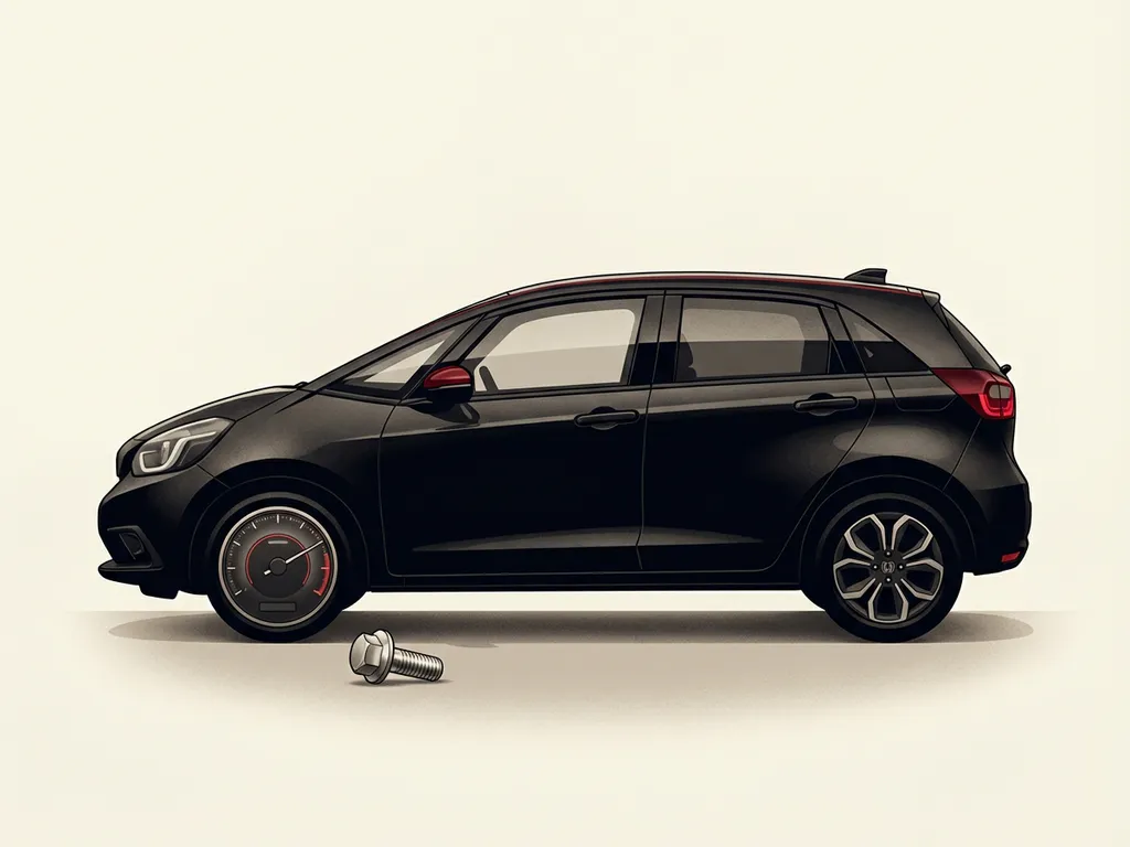 Honda Jazz e:HEV zijaanzicht illustratie, voorwiel als meetklok, zwart met rode accenten op crèmekleurige achtergrond