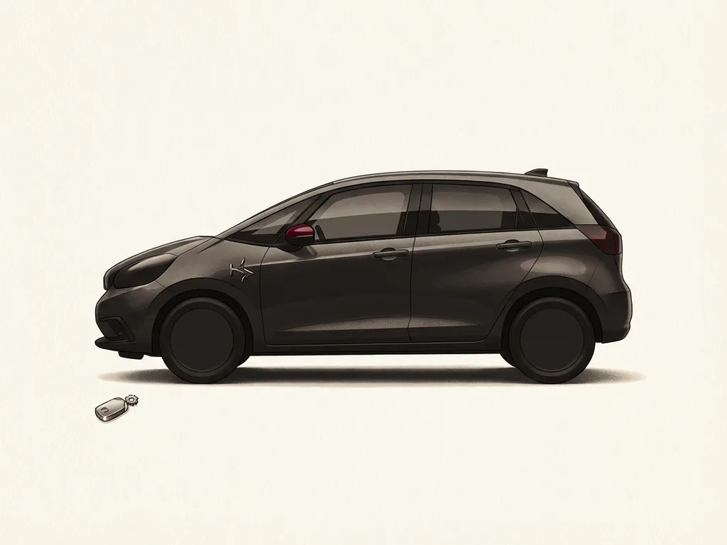 Honda Jazz e:HEV hybride in minimalistische zijaanzicht-silhouet, zwart met rood accent, op crèmekleurige ondergrond