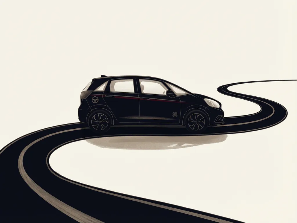 Honda Jazz e:HEV minimalistische zijaanzichtillustratie op donkere weg, zwart met rode accenten op crèmekleurige achtergrond