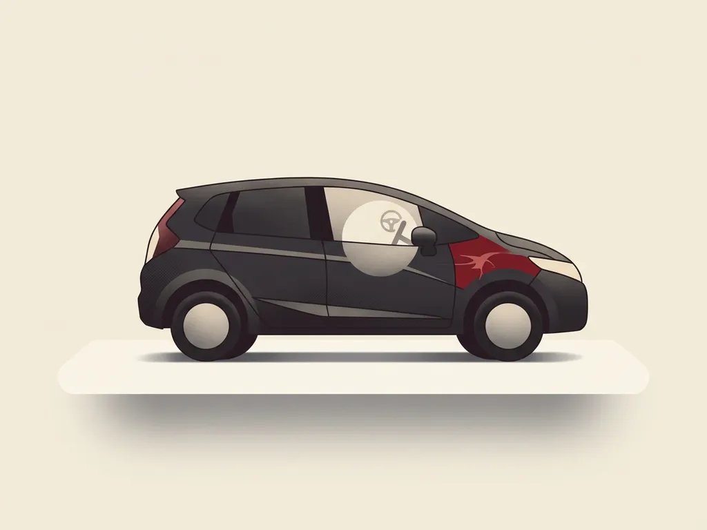 Minimalistische illustratie van Honda Jazz e:HEV hybride hatchback in zijaanzicht, zwart met rode accenten op crème achtergrond