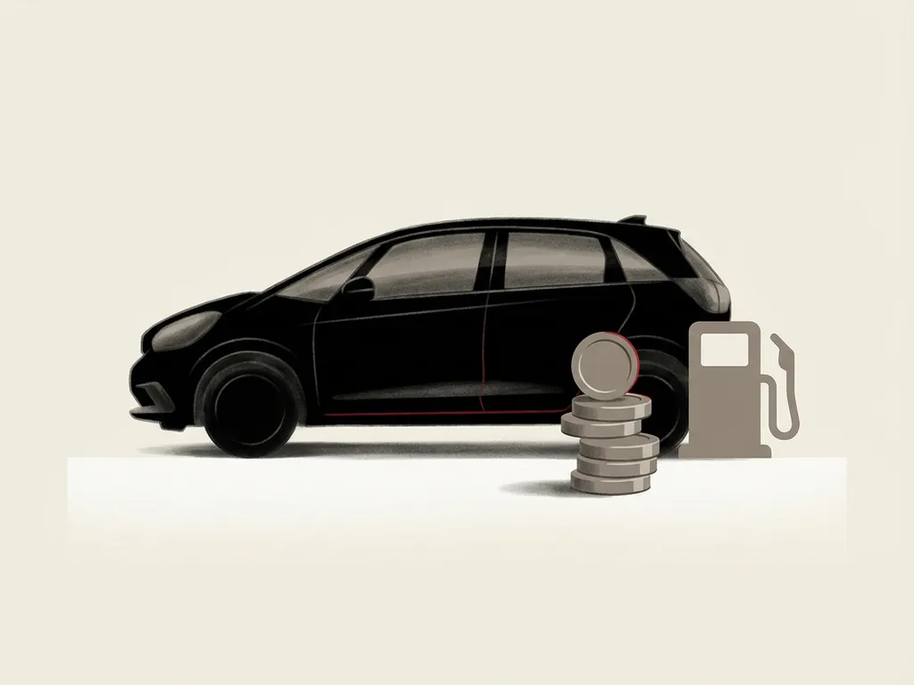 Honda Jazz e:HEV zijaanzicht silhouet naast stapel munten en brandstofpomp-token op crèmekleurige achtergrond