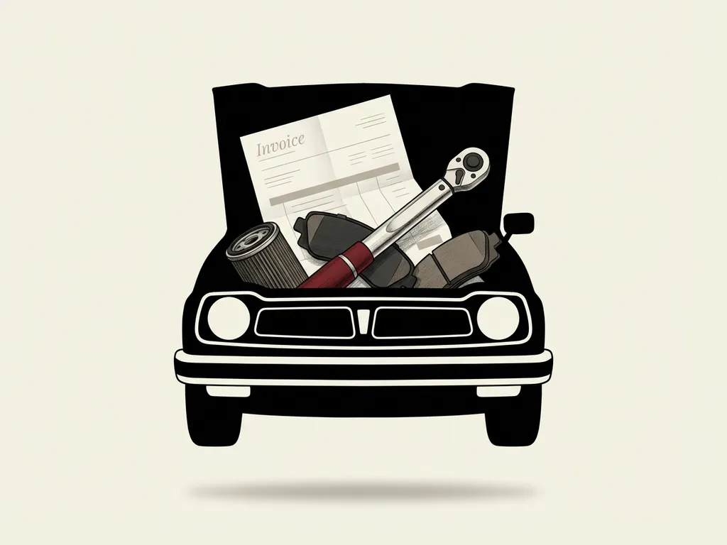 Honda auto frontsilhouet met open motorkap, servicefactuur en premium gereedschap, rode accent, minimalistische illustratie