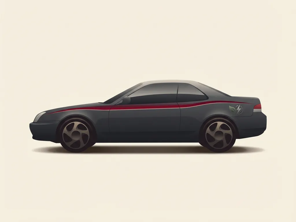 Minimalistische Honda Prelude coupé zijaanzicht, zwart met rode accentlijn en hybride e:HEV badge op crèmekleurige achtergrond