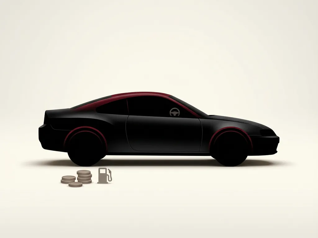 Honda Prelude e:HEV zijaanzicht silhouet met rode accentlijn, naast munten en brandstofpomp-token op crèmekleurige studiovloer