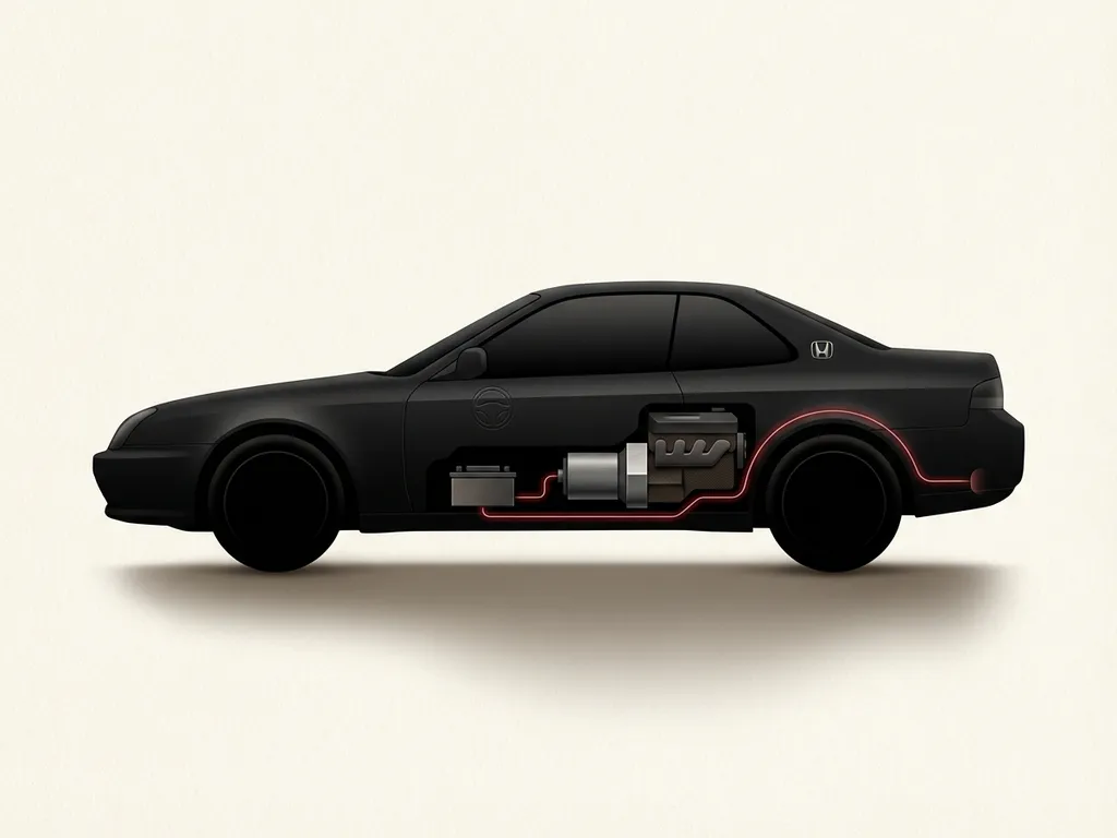 Honda Prelude zijaanzicht silhouet met cutaway hybride aandrijflijn, rode energielijn, minimalistisch op crème achtergrond