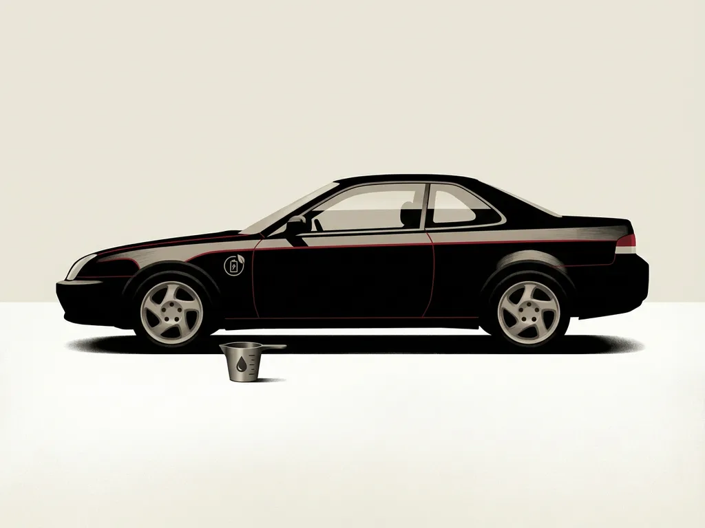 Honda Prelude e:HEV zijaanzicht silhouet in zwart met rode accentlijn, hybride badge en zuinigheidssymbool op crèmekleurige studiovloer