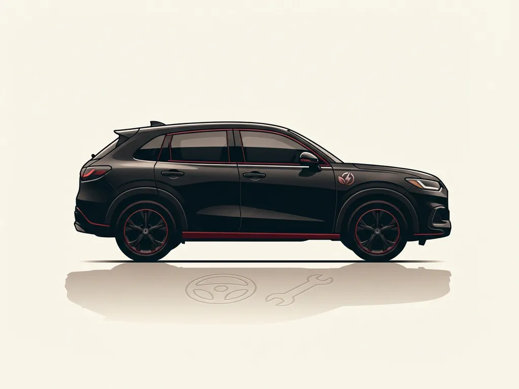 Zijaanzicht silhouet Honda ZR-V hybride SUV icoon, zwart met rode accenten, badge op spatbord, crème achtergrond