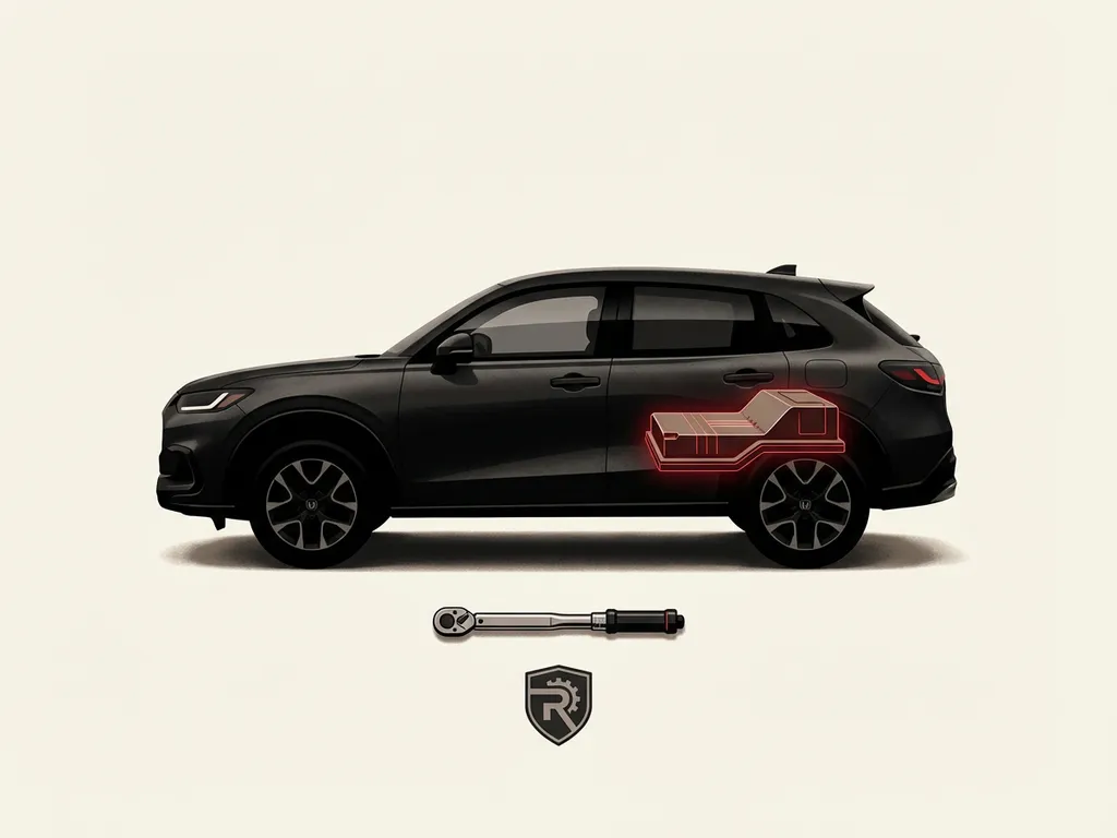 Honda ZR-V e:HEV zijprofiel silhouet met zichtbare hybride batterijmodule, rood accent, gereedschap en betrouwbaarheidssymbool