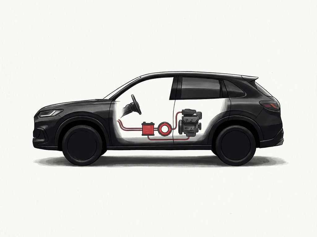 Honda ZR-V hybride zijaanzicht silhouet met cutaway aandrijflijn, rode accenten, minimalistische premium illustratie op crème achtergrond