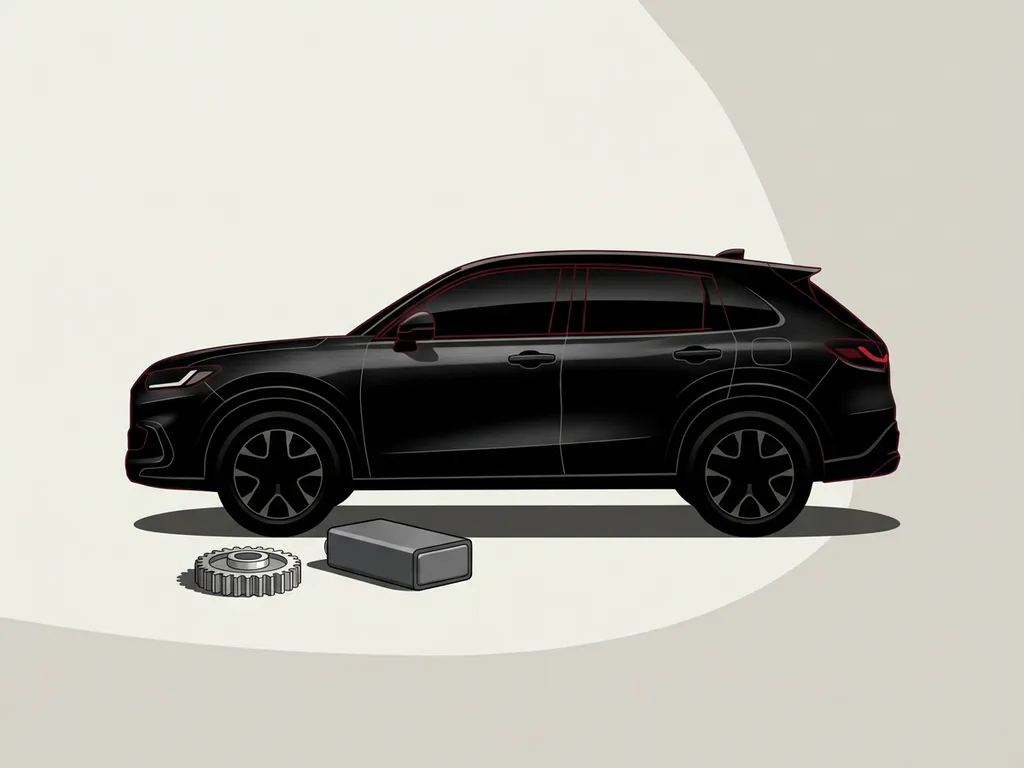 Honda ZR-V e:HEV hybride SUV in zijaanzicht, minimalistische zwarte silhouet met rode accenten, tandwiel en batterijblok erbij