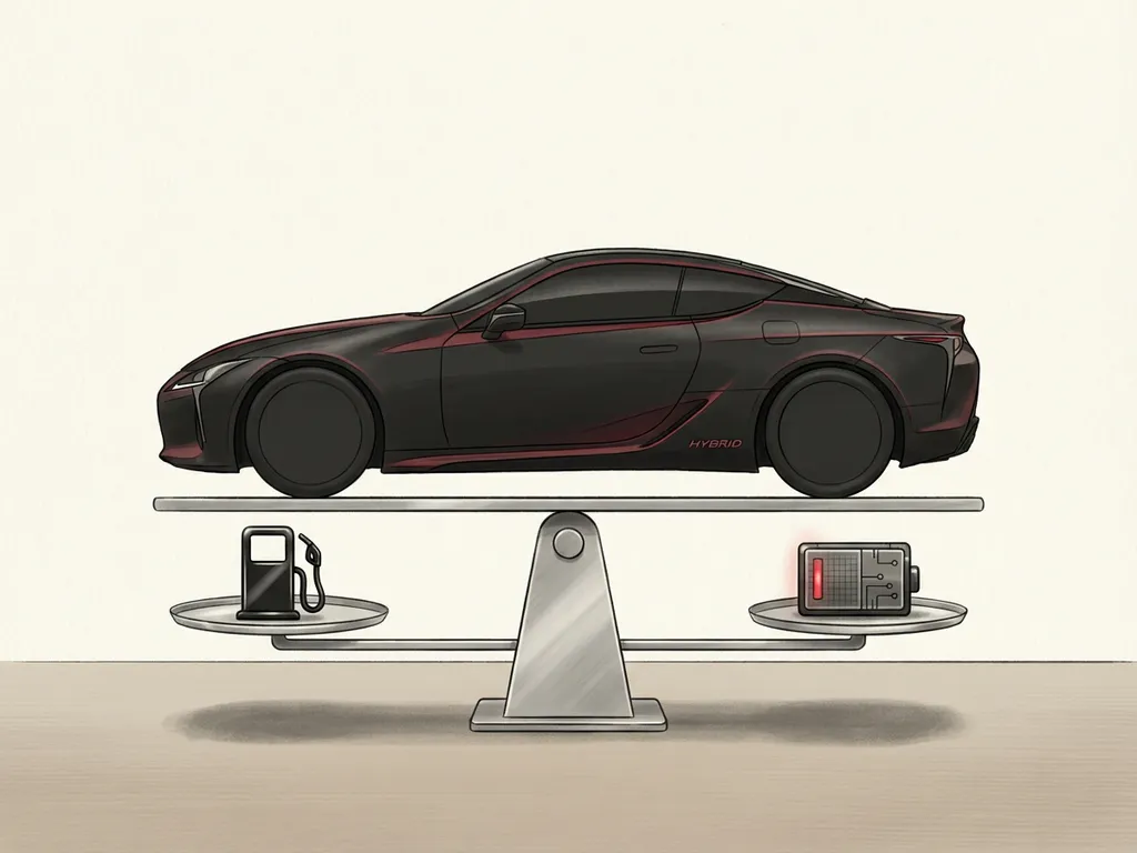 Zwart hybride auto-silhouet op balansweegschaal met brandstofpistool en batterij, minimalistische illustratie op crème achtergrond