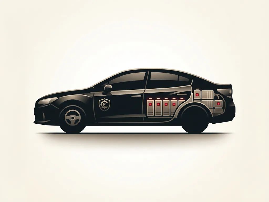 Zwarte hybride auto zijaanzicht met zichtbare batterijmodules en rode accenten, minimalistische illustratie op crèmekleurige achtergrond