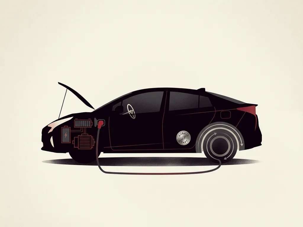 Zijaanzicht hybride auto silhouet met open motorkap, batterij en laadkabel, op crèmekleurige achtergrond met schaduw