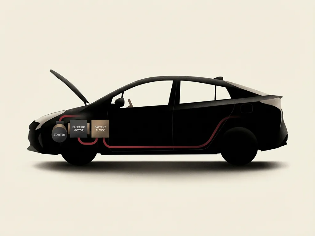 Minimalistische zijaanzichtillustratie van premium hybride auto met open motorkap, elektromotor en accu, rode accentlijn