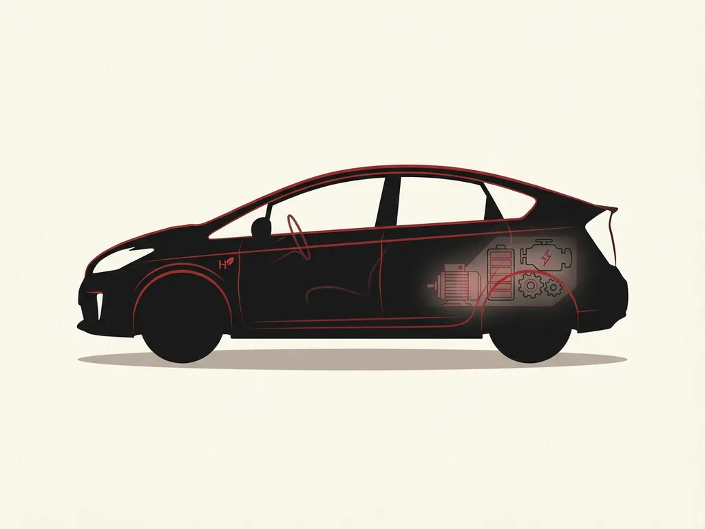 Minimalistische hybride auto-icoon in zwart met rode accenten, subtiele doorsnede motor en accu, op crèmekleurige achtergrond