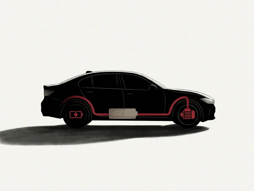 Zijaanzicht silhouet van premium hybride auto, zwart met rode accentrand, op crèmekleurige studio-achtergrond met schaduw
