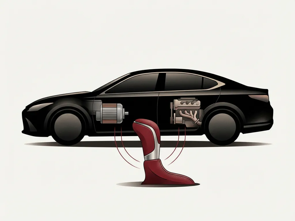 Rode versnellingshendel voor silhouet van premium hybride auto met motor- en elektromotor-cutaway op crèmekleurige achtergrond