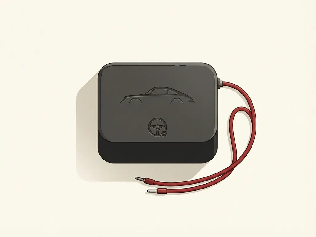 Premium PHEV-accupack als minimalistische auto-icoon met Porsche-achtig silhouet en rode kabel op crèmekleurige ondergrond