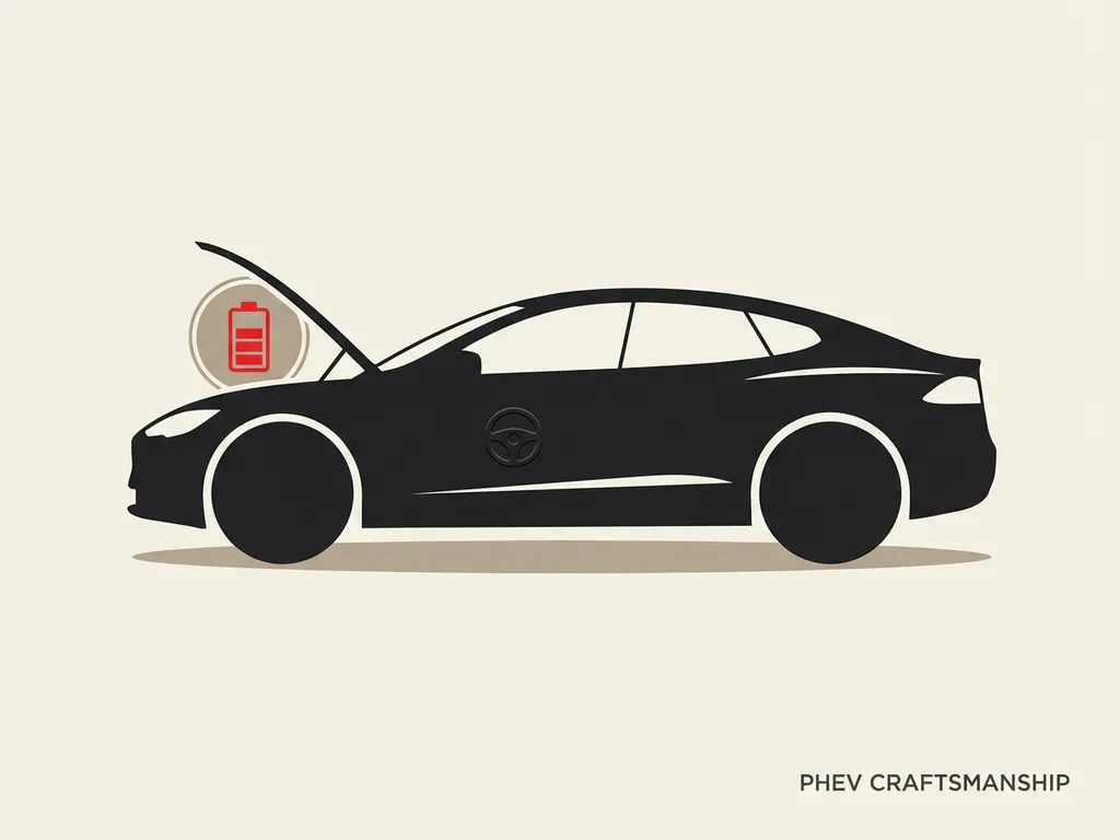 Zwarte PHEV-auto zijaanzicht met geopende motorkap en rode 12V-accu-icoon op crèmekleurige achtergrond