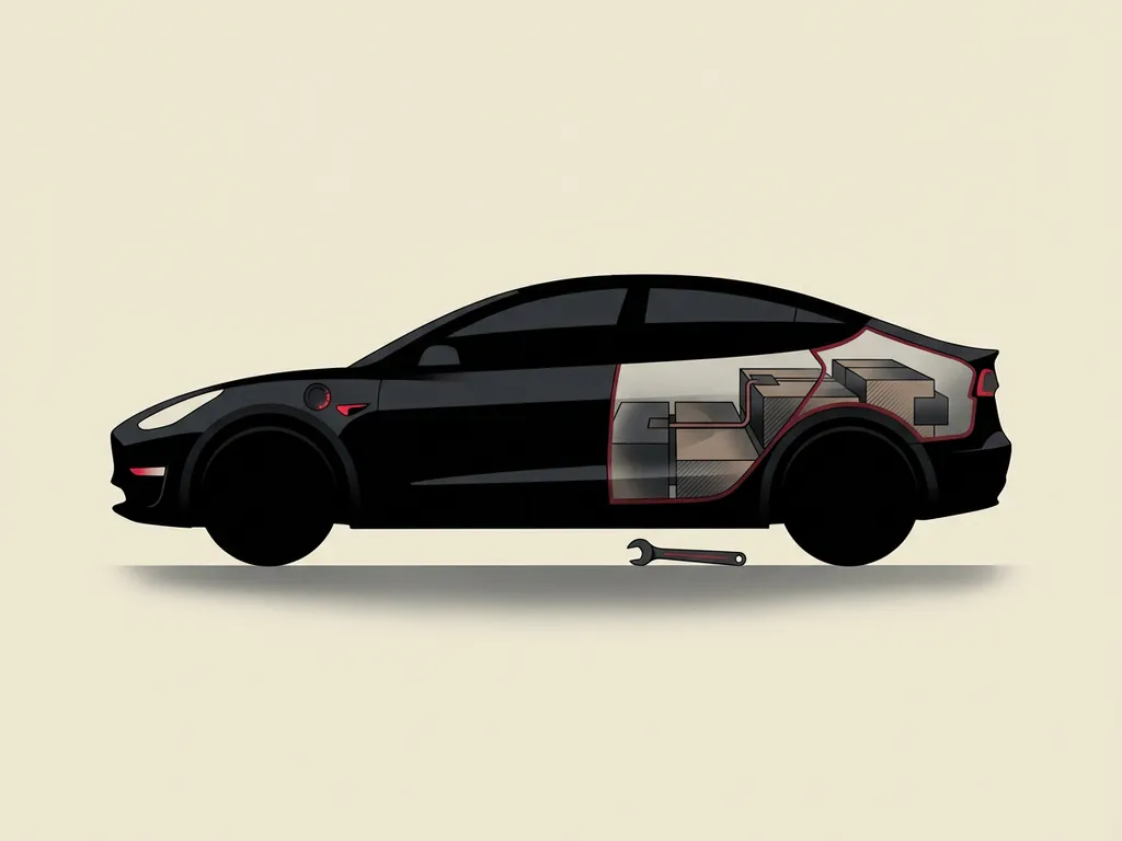Zwarte PHEV-auto zijaanzicht met zichtbaar batterijpakket en rode accentrand op crèmekleurige achtergrond, minimalistisch