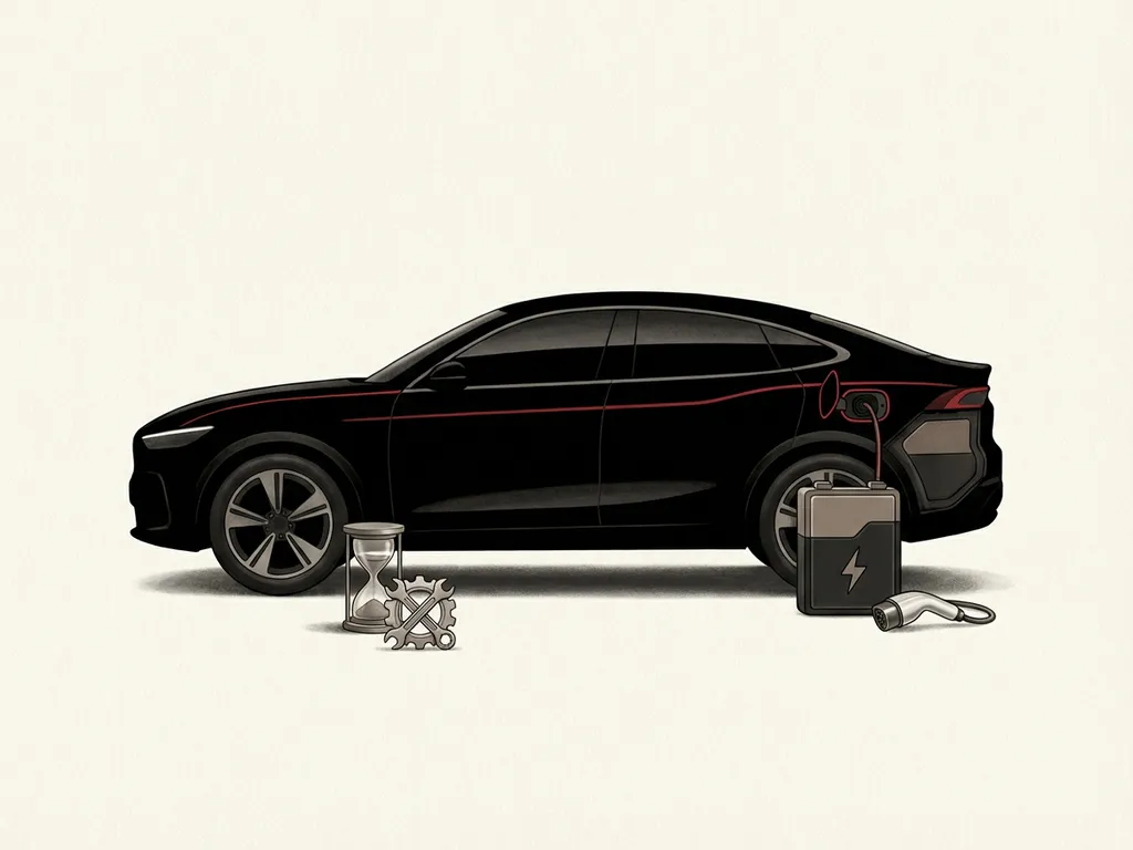 Zwarte PHEV-auto zijaanzicht met zichtbaar batterijpakket en laadstekker, uurglas en gereedschapspictogram op crèmekleurige achtergrond