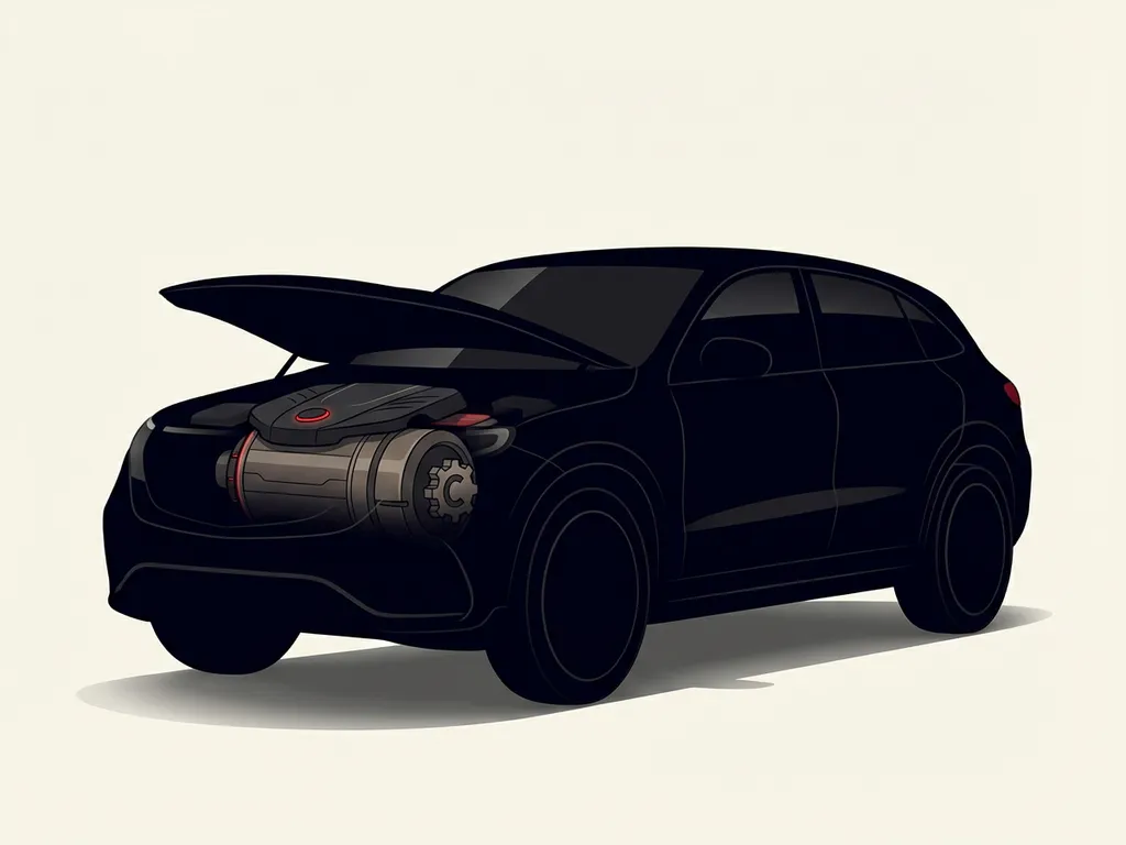 Zwarte PHEV-auto in zijaanzicht met open motorkap en elektrische motor met rood accent, minimalistische studio-illustratie