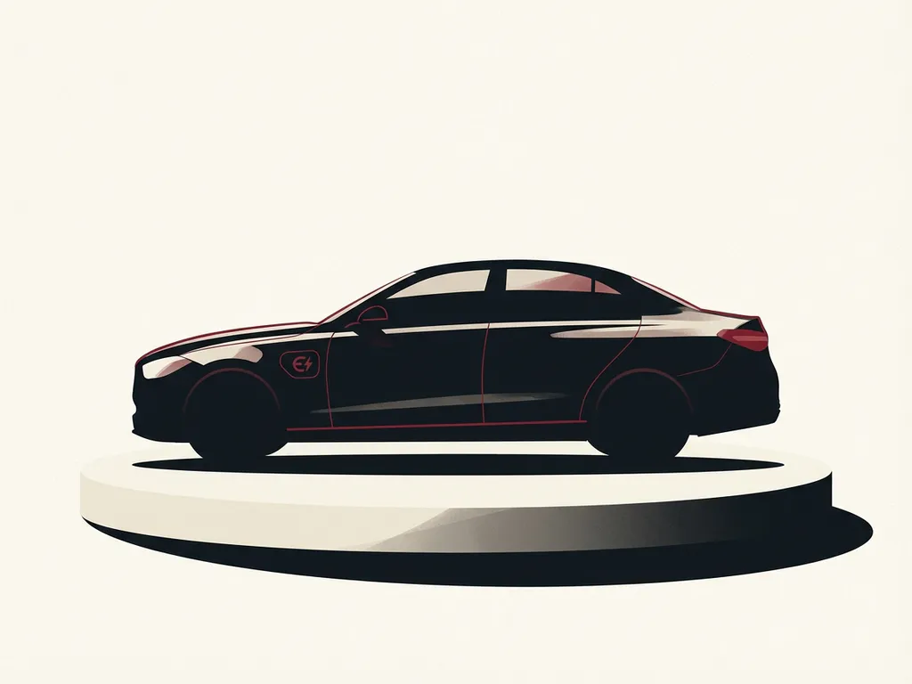 Zwarte PHEV auto-silhouet met rode acculijn en laadpoort, op off-white plint tegen rustige crèmekleurige achtergrond
