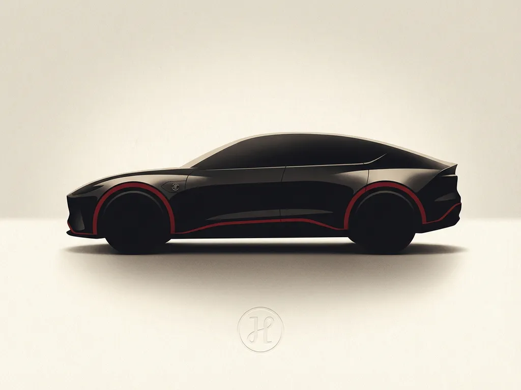 Zwarte PHEV-auto in zijaanzicht met rode accentlijn, minimalistische premium illustratie op crèmekleurige studioachtergrond
