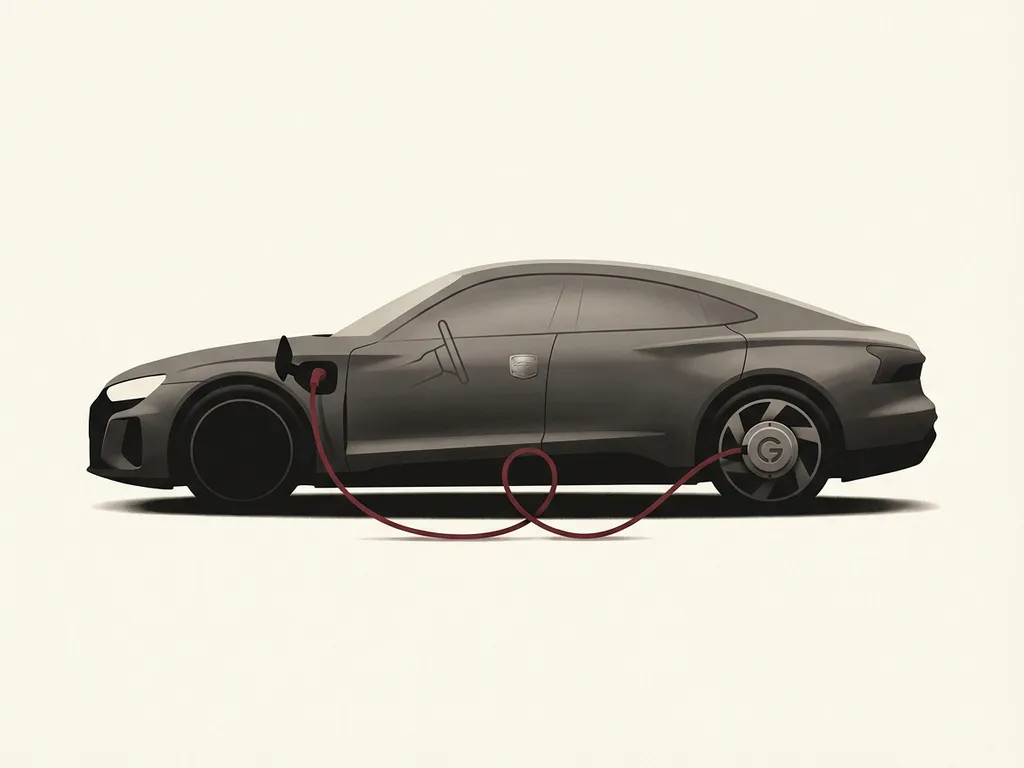 Zwarte PHEV-auto in zijaanzicht met open laadpoort en rode laadkabel naar achterwiel, minimalistische illustratie op crème achtergrond