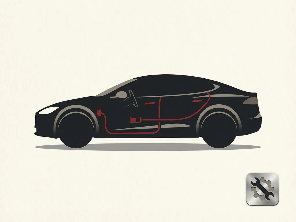 Zwarte PHEV-auto zijaanzicht met rode batterij- en kabellijn, off-white achtergrond, metalen badge met sleutel en tandwiel