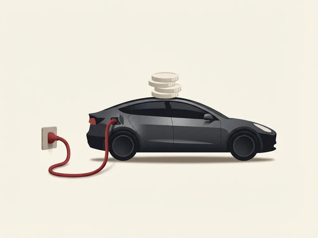 Plug-in hybride auto in zijaanzicht met rode laadkabel, munten op het dak als belastingvoordeel, minimalistische stijl