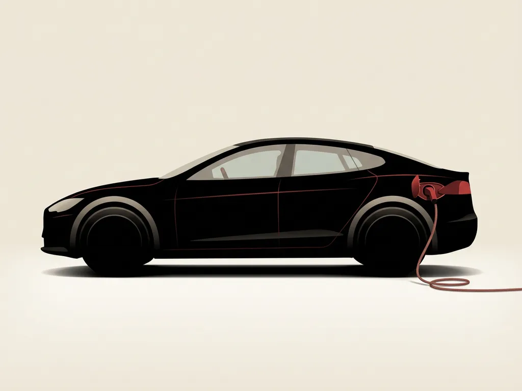 Zwarte plug-in hybride auto silhouet met rode accenten, laadkabel in achterpaneel op crèmekleurige studioachtergrond