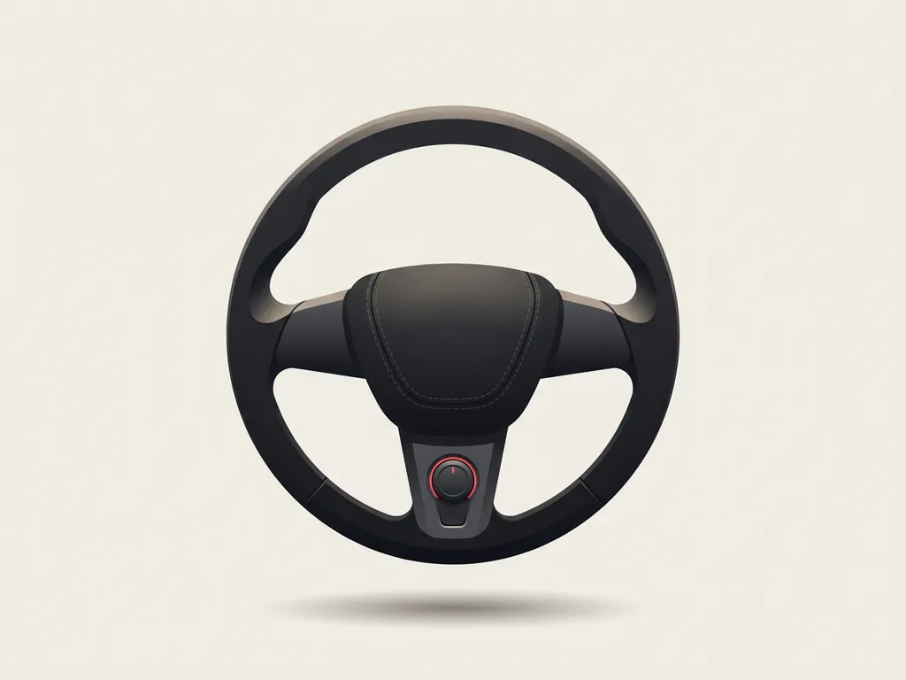 Minimalistische illustratie van premium autostuur in zwart leer met hybride schakelselector en rode accentring op crèmekleurige achtergrond