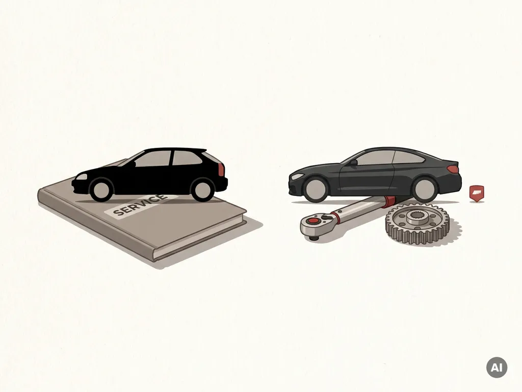 Twee minimalistische auto-silhouetten op servicehandboek, momentsleutel en tandwiel op crèmekleurig tafelblad