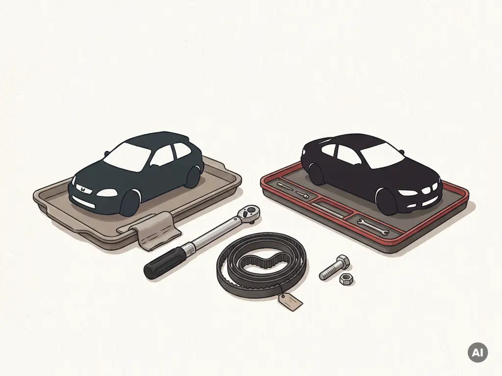 Twee auto-silhouetten op servicetrays met momentsleutel, distributieriem en bout, minimalistische premium werkplaats-icoon