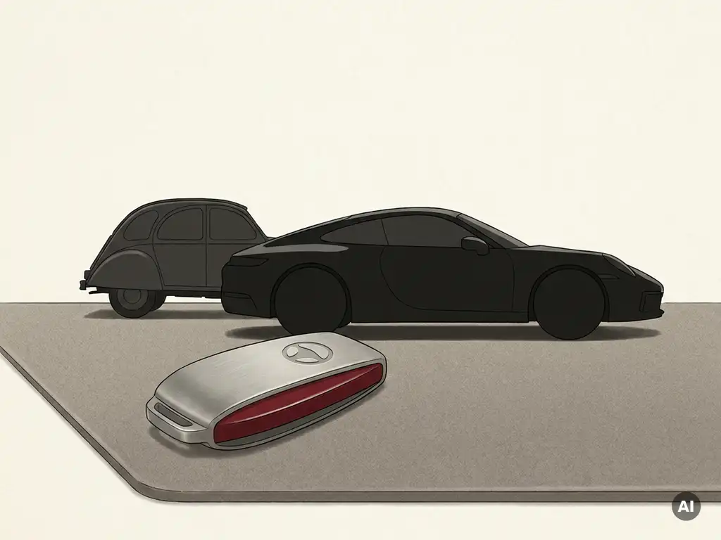 Premium autosleutel met rood accent op bureau, moderne en oudere auto-silhouetten erachter, minimalistische illustratie