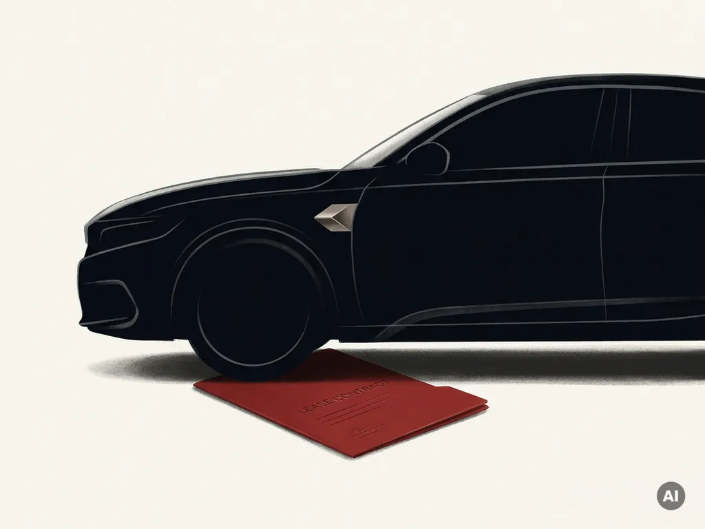 Honda auto zijaanzicht silhouet met rode leasecontractmap onder het voorwiel op crèmekleurige achtergrond, minimalistisch icoon