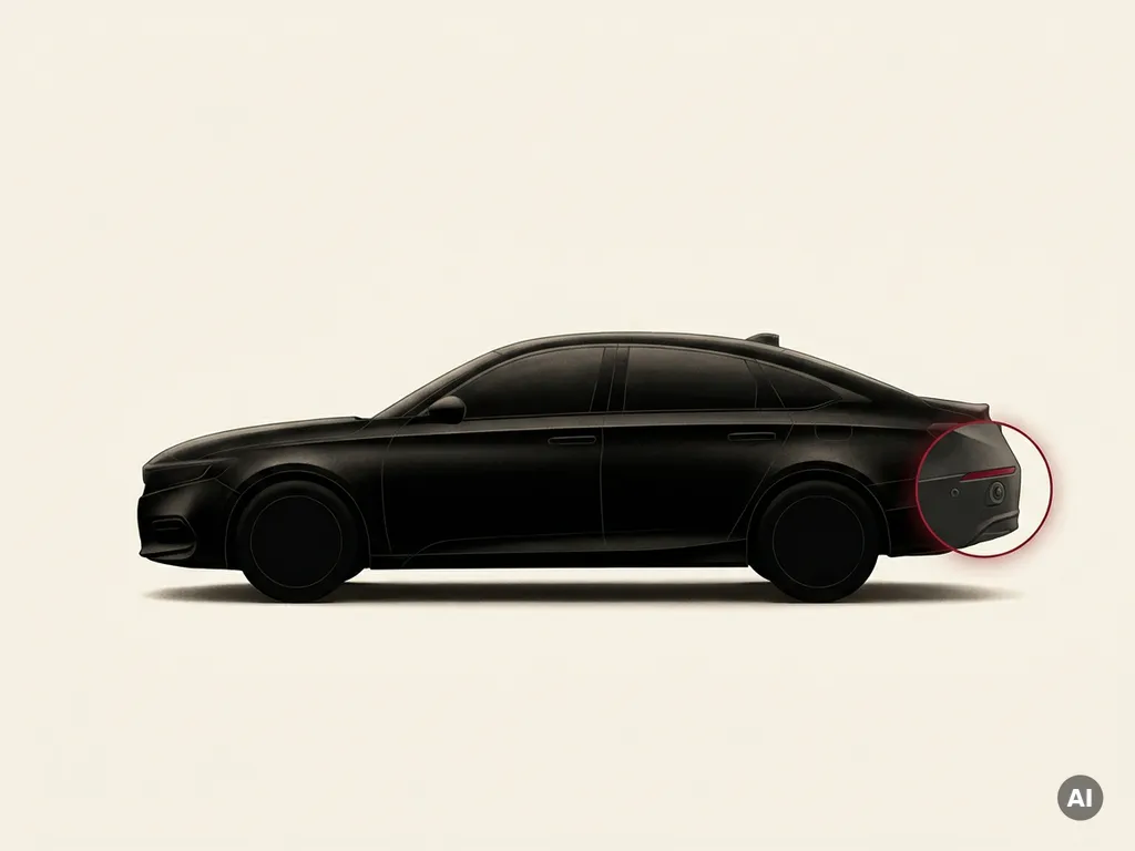 Zwarte Honda auto zijaanzicht met uitvergrote achterbumper, parkeersensor en achteruitrijcamera op crèmekleurige achtergrond