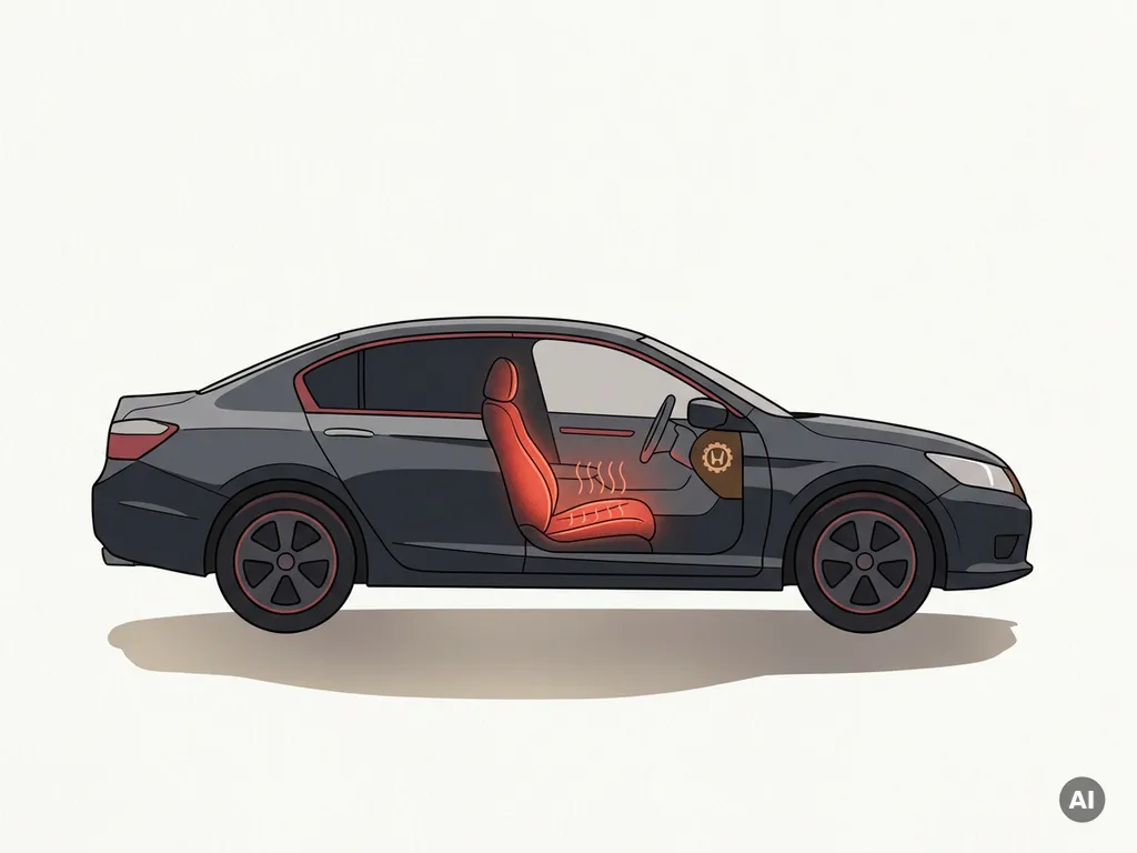 Honda auto zijaanzicht silhouet met uitsnede van rood verwarmde stoel, minimalistische illustratie op crèmekleurige achtergrond