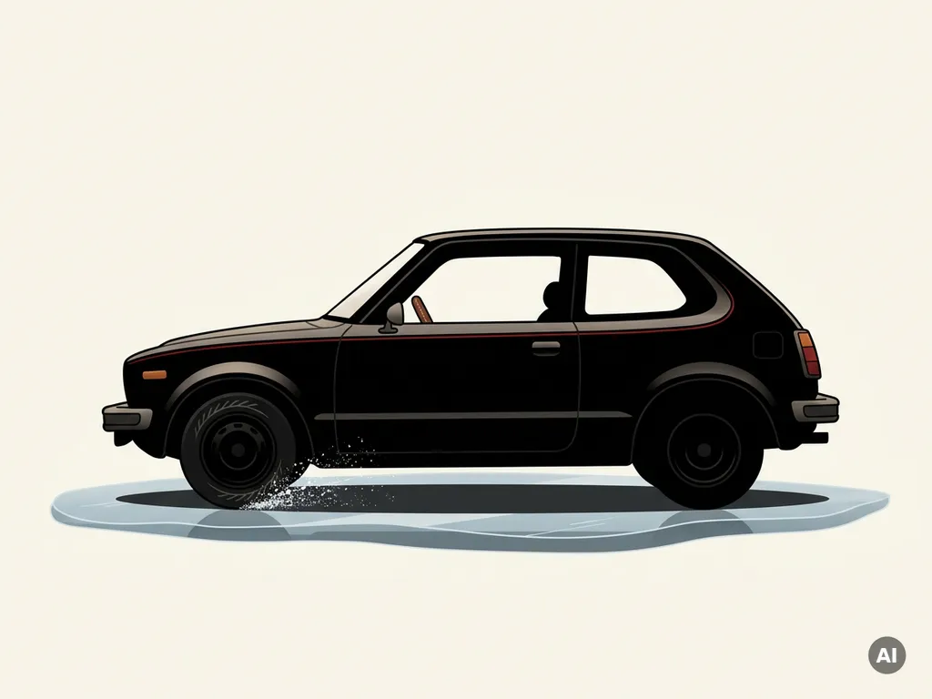 Honda auto zijaanzicht silhouet rijdt langzaam over winterijs, rode accentlijn, sneeuwspray bij band, minimalistische illustratie