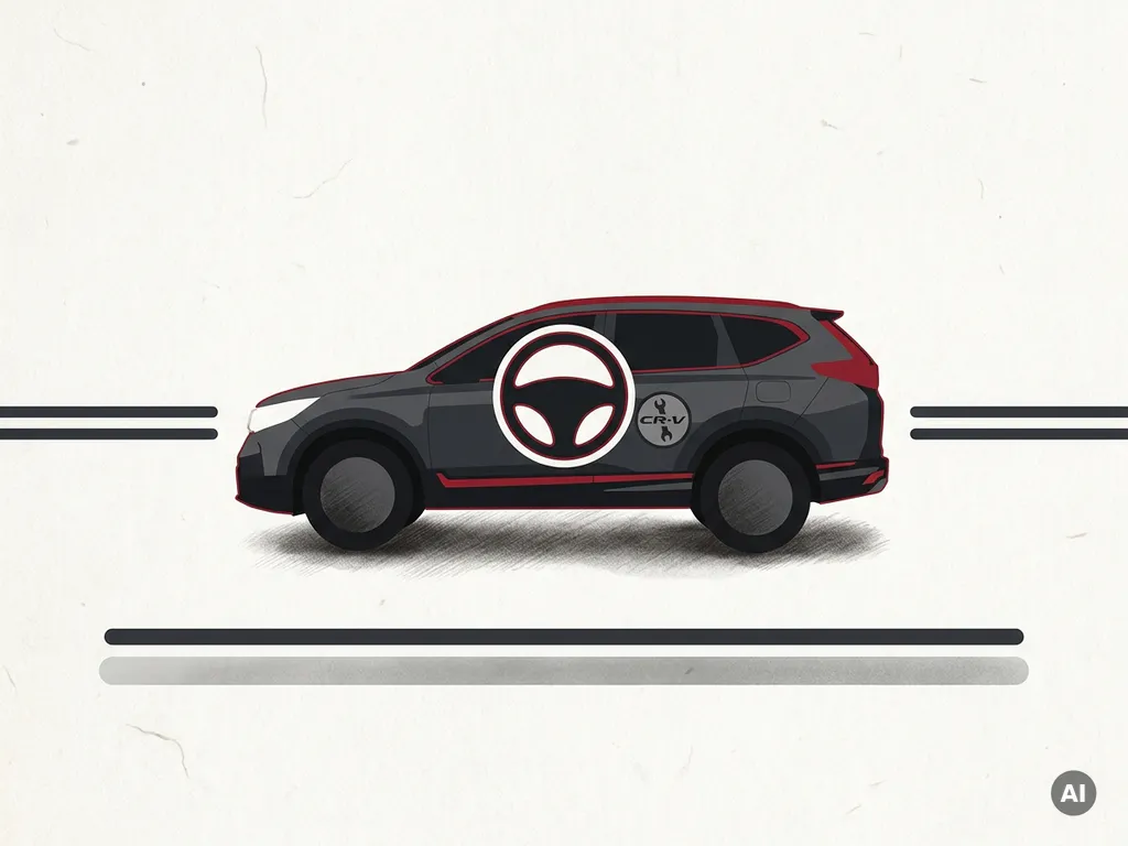 Honda CR-V zijaanzicht silhouet, gecentreerd tussen parkeervakken op crèmekleurige achtergrond met rode accenten en schaduw