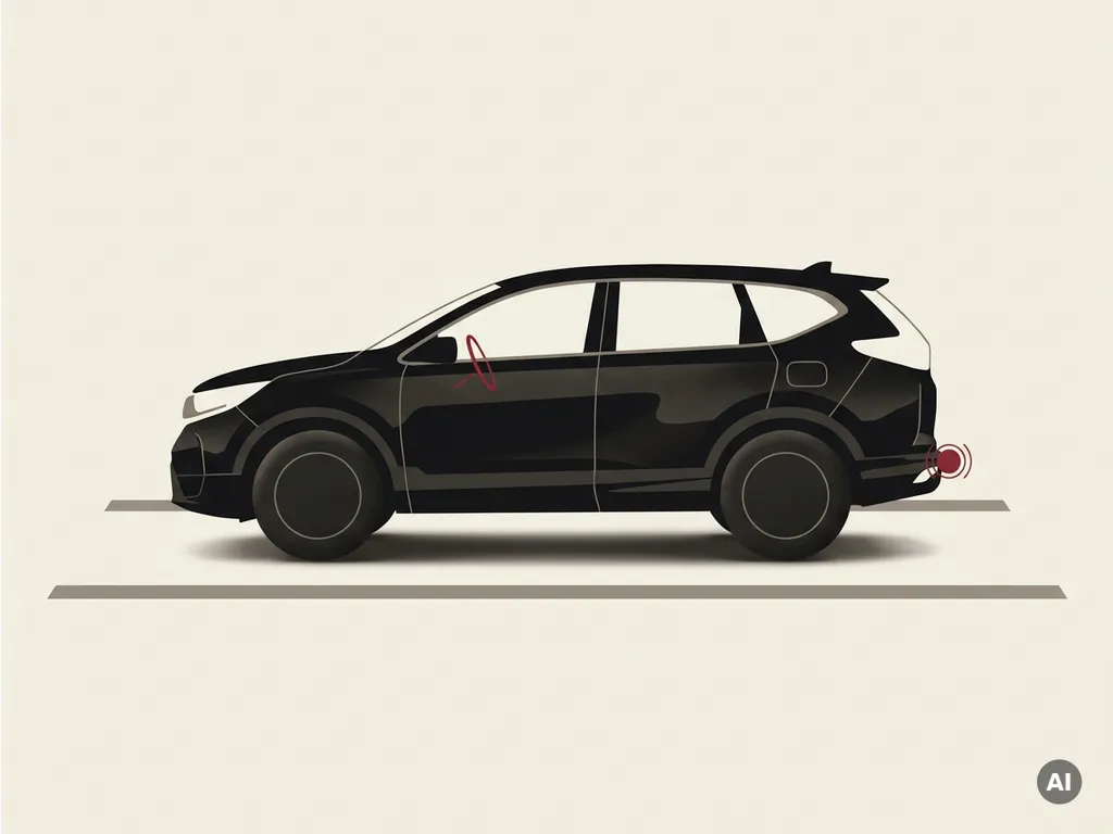 Honda CR-V zijaanzicht silhouet in zwart, netjes tussen parkeervakken, voorwiel gedraaid, rode stuuraccent op crème achtergrond