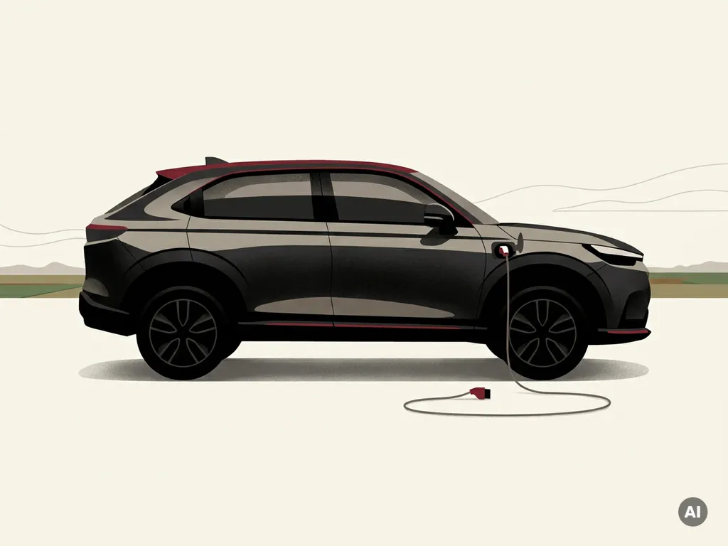 Honda e:Ny1 elektrische SUV zijaanzicht met laadkabel, minimalistische illustratie op crèmekleurige achtergrond, Limburgs landschap hint