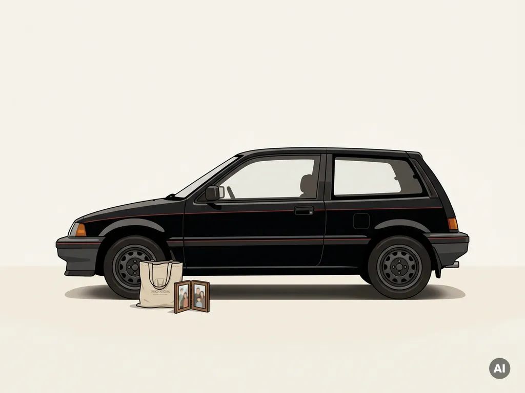 Zwarte Honda hatchback zijaanzicht in minimalistische studio, met herbruikbare tas en fotolijstje bij voorwiel